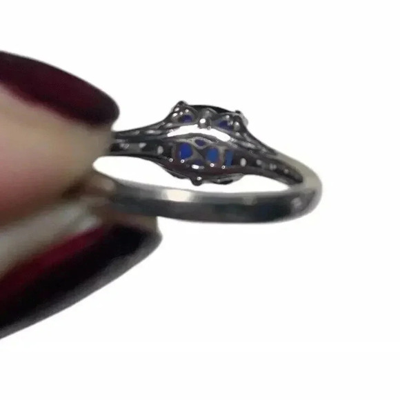 Sterling Silver Sapphire Ring Size 7 Lab Created Square Stone Cubic Zircona - Picture 7 of 8